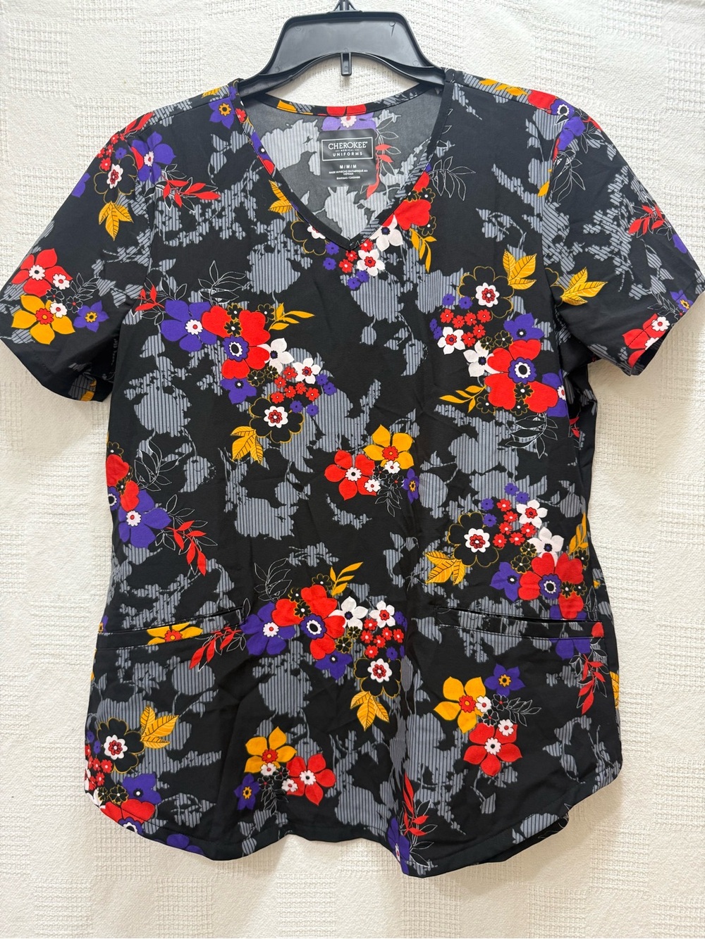 Cherokee Black Floral V-Neck Scrub Top with Red, Purple & Yellow Accents